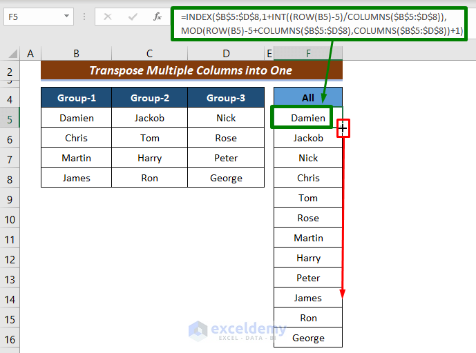 Combine INDEX, INT, MOD, ROW, and COLUMNS Functions in Excel to Transpose Multiple Columns into One