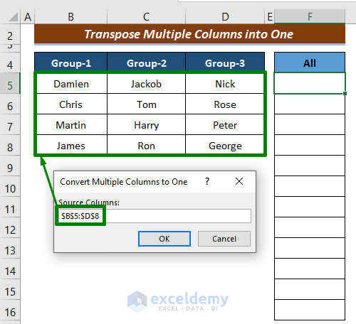 Use an Excel VBA Code to Transpose Multiple Columns into One Column