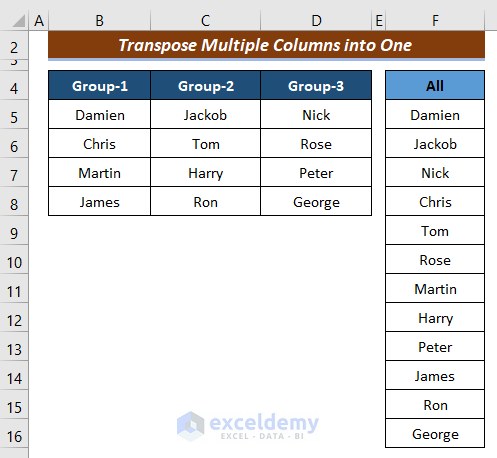 Transpose Multiple Columns into One Column in Excel