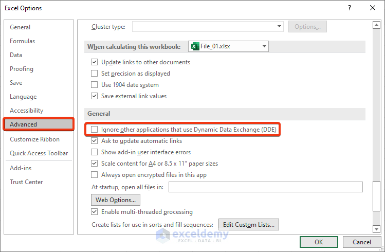 Disable Dynamic Data Exchange (DDE) opens two Excel files in the same time