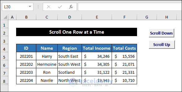 Excel VBA Command button to scroll one row at a time