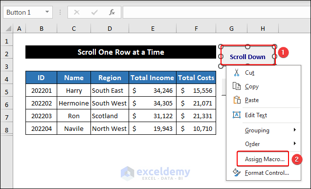 Assigning macros to Excel button to scroll one row at a time