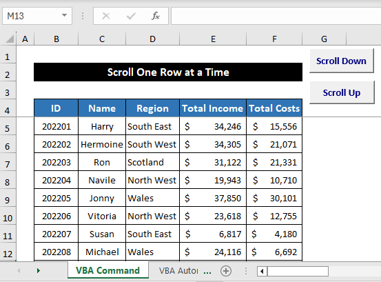 VBA to scroll one row at a time in Excel