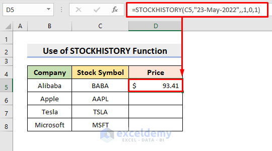 Insert Formula for Adding Stock Data Type in Excel