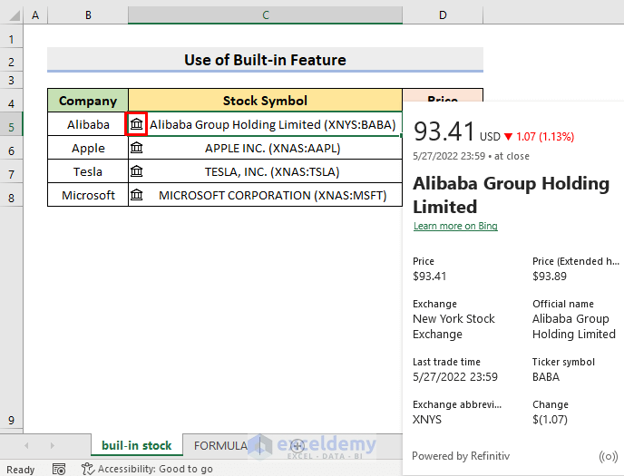 Add Stock Data Type Through Built-in Stocks Data Feature