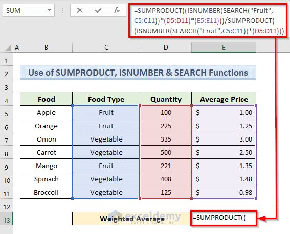 Estimate Weighted Average with Multiple Conditions with SUMPRODUCT, ISNUMBER & SEARCH Functions
