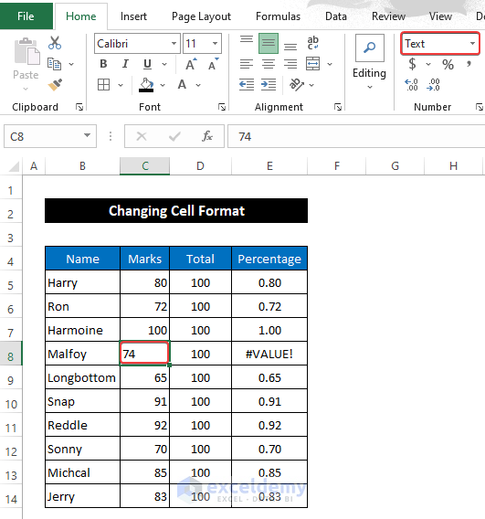Set Cell Format As Number to Fix Division Formula Not Working in Excel