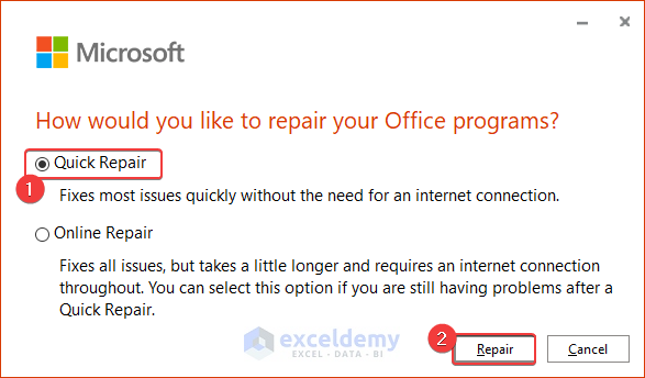 Repairing Office 365 to Fix Excel Attachments Not Opening from Outlook