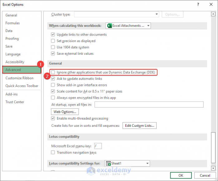 Changing Excel Advanced Options to Fix Excel Attachments Not Opening from Outlook