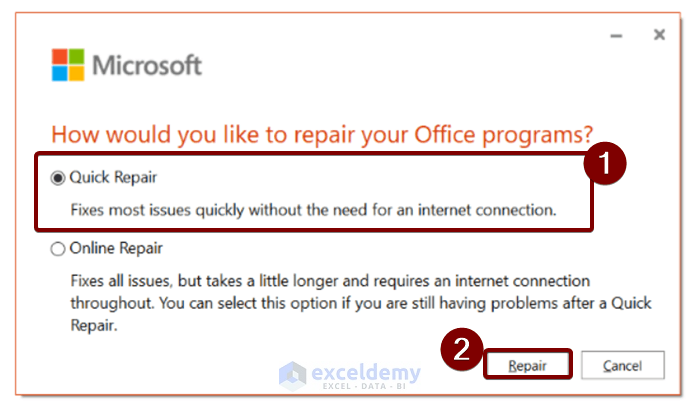 Repairing Office Application to Fix Excel Cannot Open in Protected View