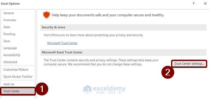 Using Trust Center to fix Excel Cannot Open in Protected View