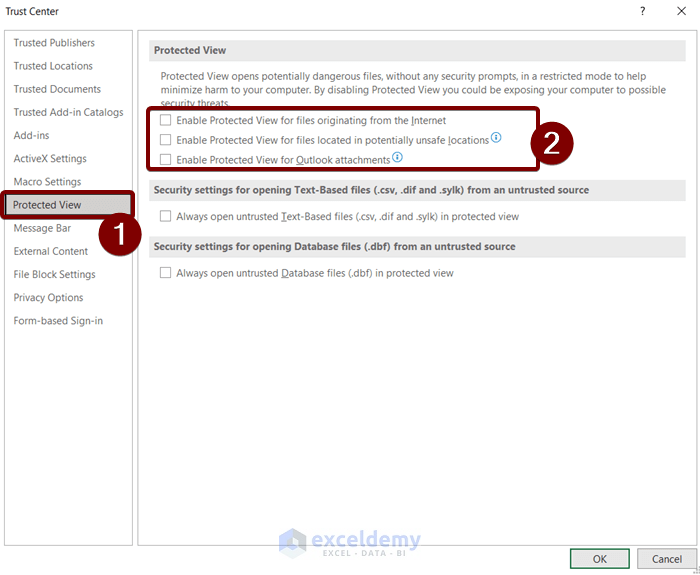 Disabling Protected View Settings to Fix Excel Cannot Open in Protected View