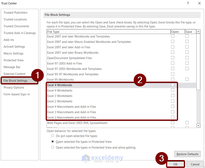 Changing File Block Settings to Fix Excel Cannot Open in Protected View