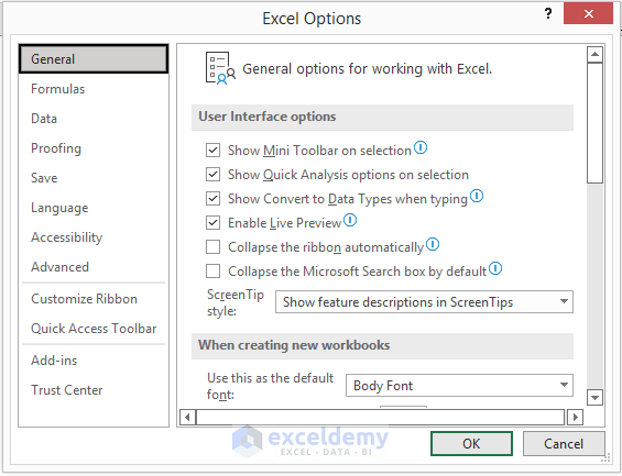 Open Excel Options Window to Solve Changed Cursor to Plus Sign Problem