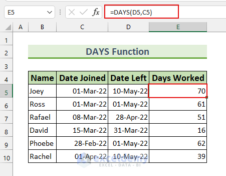 excel difference between two dates in days