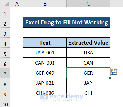 excel drag to fill not working