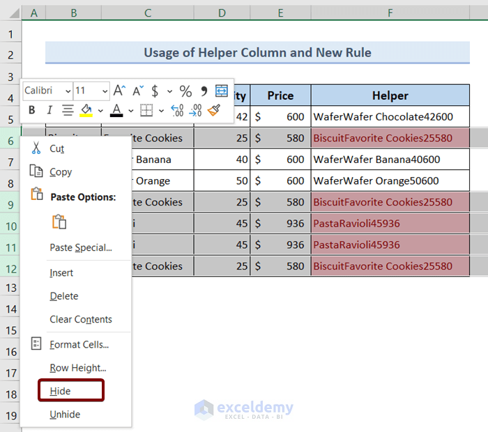 Use of Context Menu to Hide Duplicate Rows Based on One Column