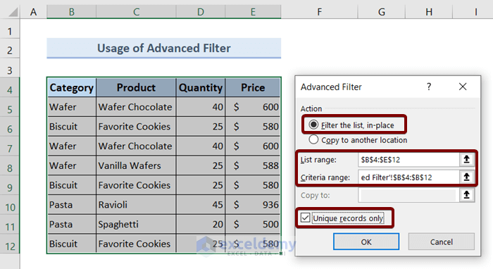 Advanced Filter dialog box: Hide Duplicate Rows Based on One Column in Excel Using Advanced Filter