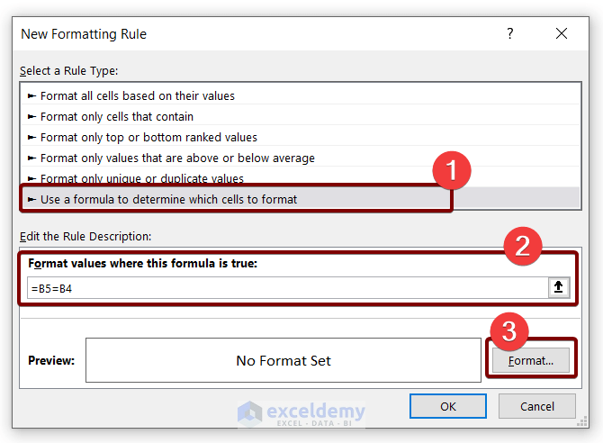 New Formatting Rule dialog box: Use New Rule of Conditional Formatting to Hide Duplicate Rows Based on One Column in Excel