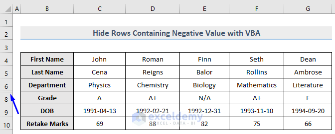 Result of VBA to Hide Rows Based on Negative Cell Value in Excel