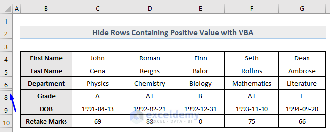 Result of VBA to Hide Rows Based on Positive Cell Value in Excel
