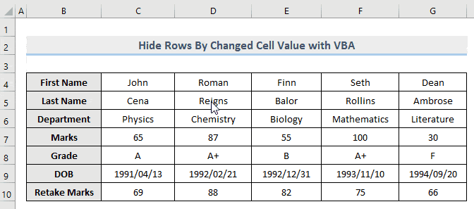 Result of VBA to Hide Rows Based on Changed Cell Value in Excel