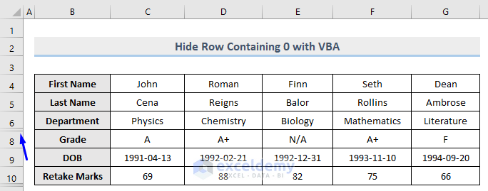 Result of VBA to Hide Rows Based on Zero as Cell Value in Excel