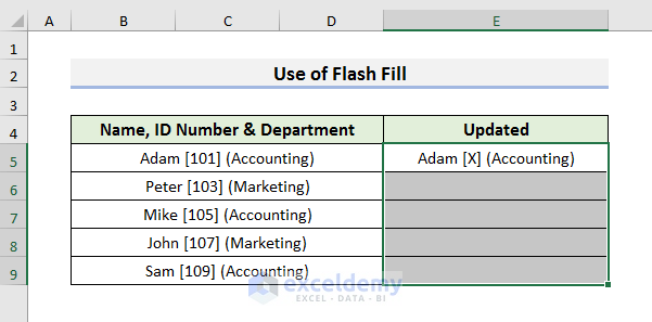 Use Excel Flash Fill Option for Replacing Text between Two Characters