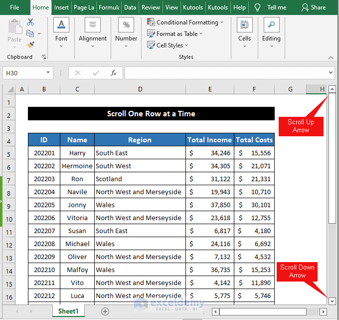 Use of Excel’s Built-in Up-Down Scroll Arrow to Scroll One Row at a Time