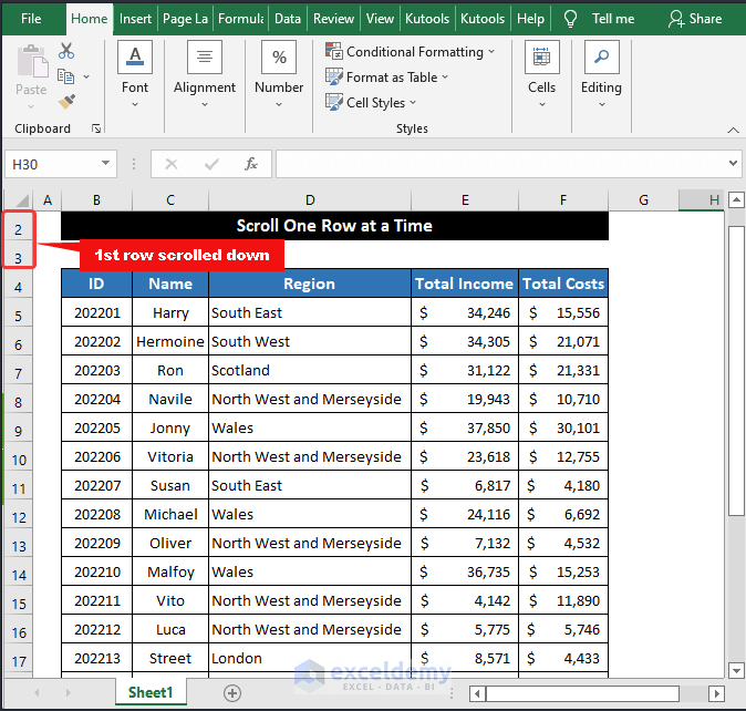 Use of Excel’s Built-in Up-Down Scroll Arrow to Scroll One Row at a Time