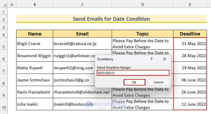 Send Email in Excel Based on Date Conditions