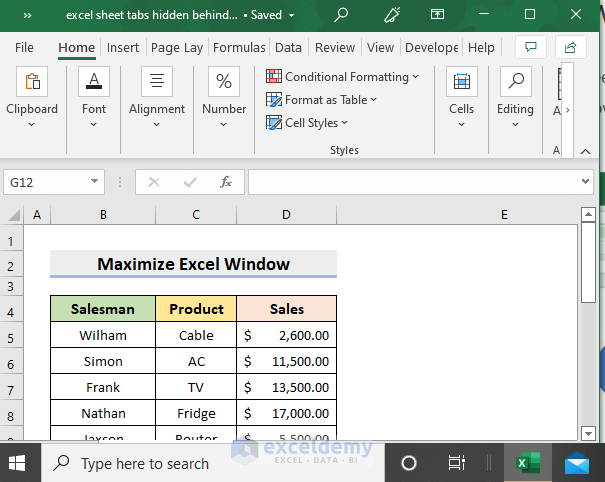 Maximize Excel Window to Solve Excel Sheet Tabs Hidden behind Taskbar Issue