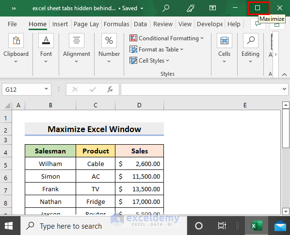 Maximize Excel Window to Solve Excel Sheet Tabs Hidden behind Taskbar Issue