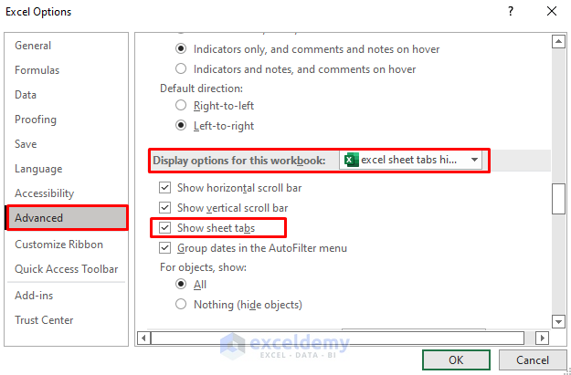 Resolve Sheet Tabs Hidden behind Taskbar Problem Through Excel File Options