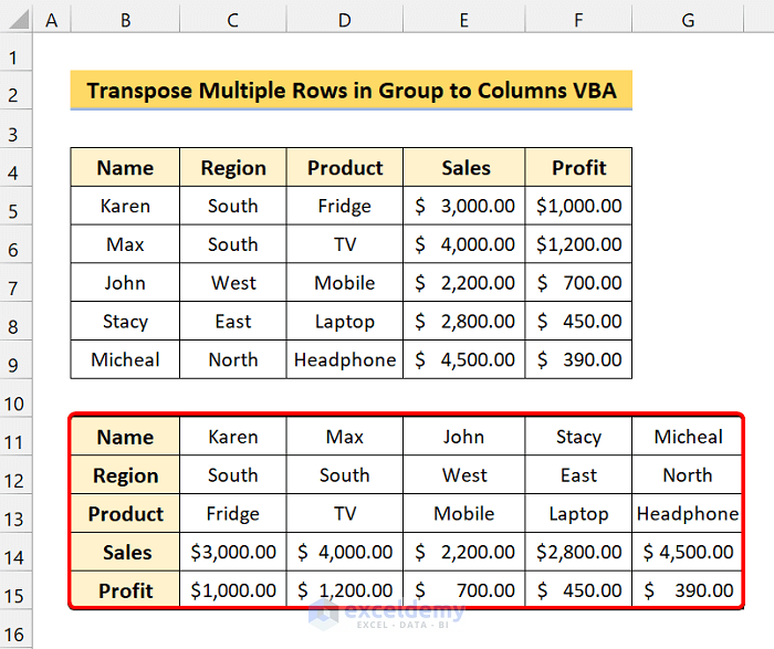 excel transpose multiple rows in group to columns vba