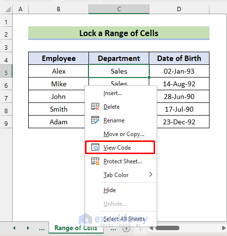 Apply VBA to Lock a Range of Cells without Protecting Sheet
