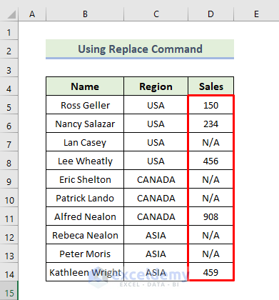 Applying Replace Command to Fill Blank Cells with “N/A”