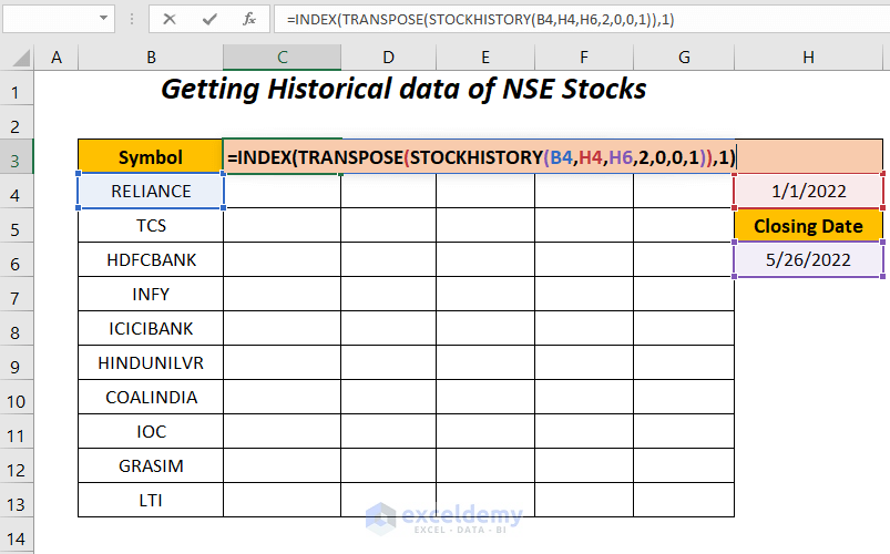 historical data of NSE stocks in Excel
