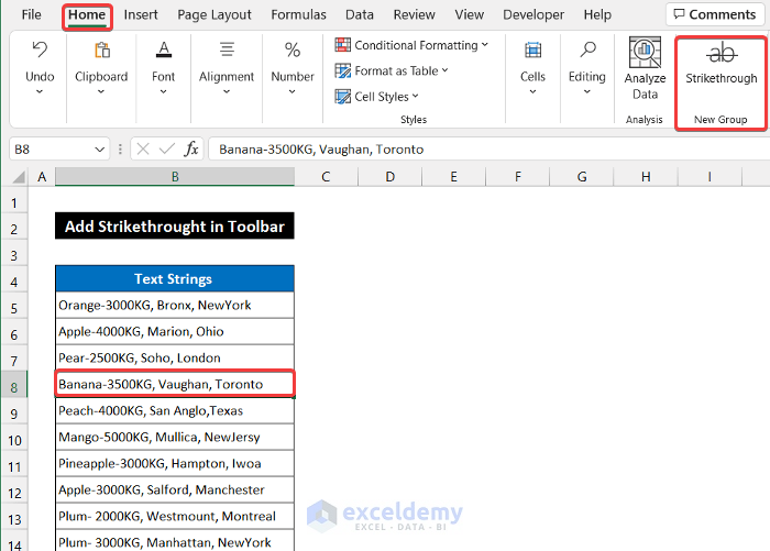 Add Strikethrough in Excel Toolbar from Excel Options