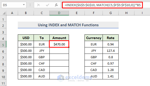 Combination of  INDEX and MATCH Functions to Automate Currency Conversion