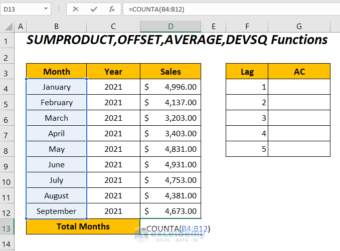 SUMPRODUCT, OFFSET, AVERAGE, DEVSQ functions