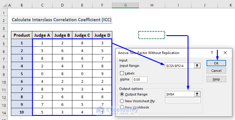 Selecting Range for How to Calculate Intraclass Correlation Coefficient in Excel