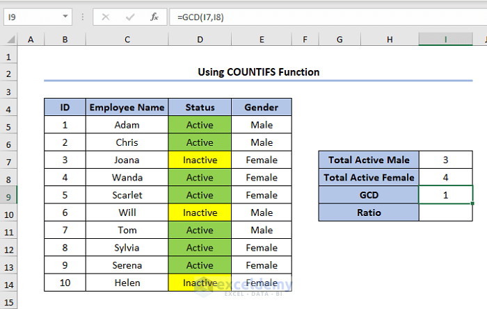 male female ratio using COUNTIFS function