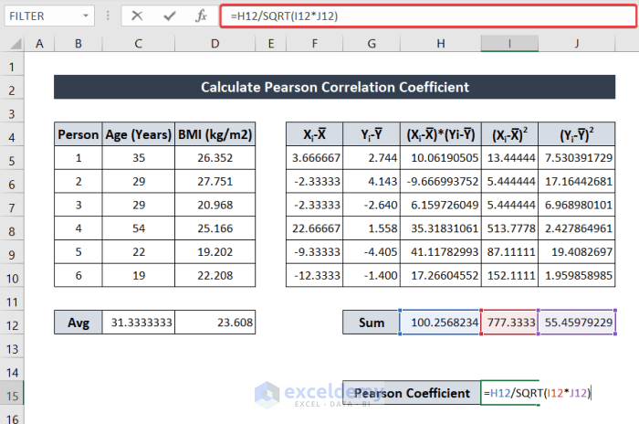 how to calculate pearson correlation coefficient in excel