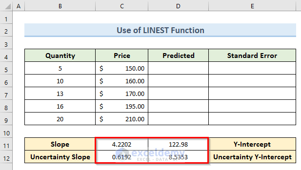 Excel LINEST Function to Calculate Standard Error Along with Uncertainty of Regression Slope