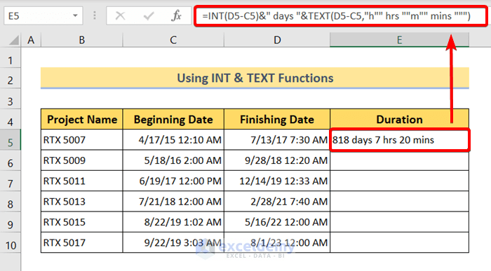 Combining INT and TEXT Functions to Calculate Time Difference in Excel Between Two Dates