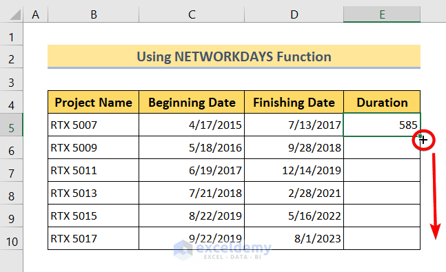 Using Fill Handle to Calculate Time Difference in Excel Between Two Dates