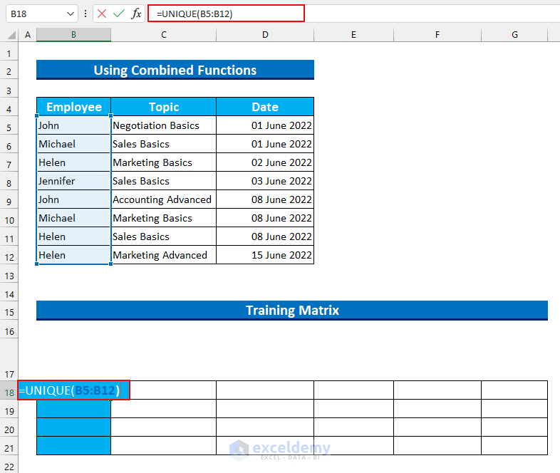 Create a Training Matrix in Excel Using Combined Formula