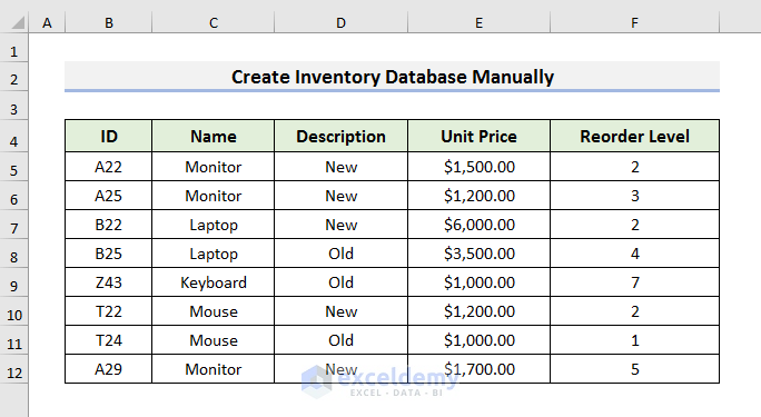 Manually Design Inventory Database in Excel