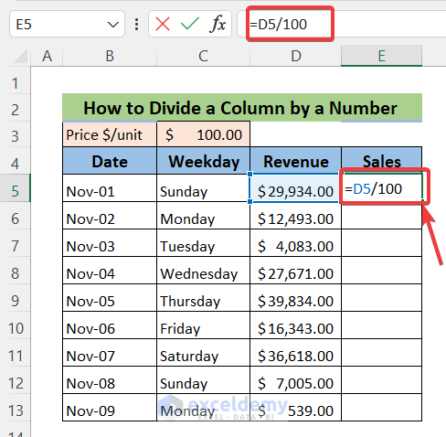 How to Divide a Column by a Number in Excel